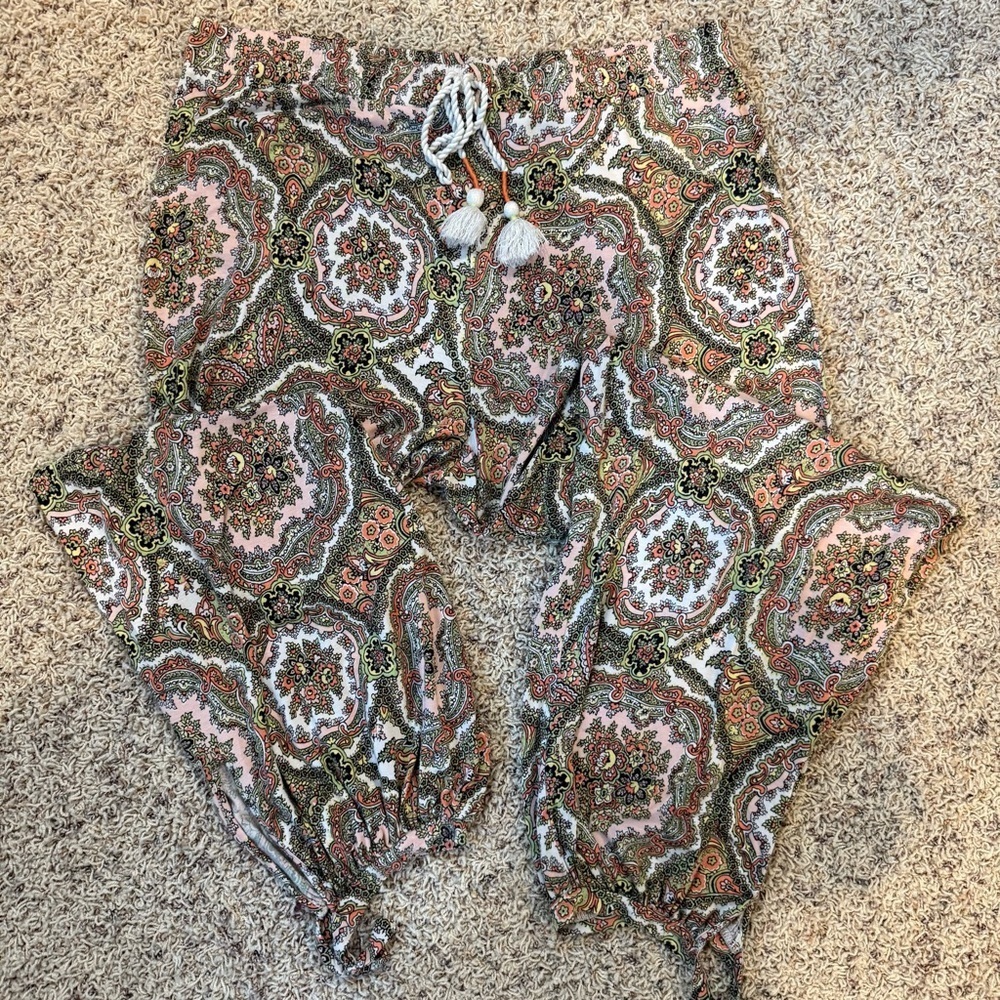 Anthropologie Artsy Boho Hippie Harem Pants Medium Paisley Pink Green White - Picture 12 of 13